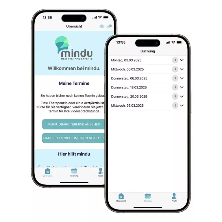 Zwei Smartphones zeigen die Benutzeroberfläche der mindu-App.